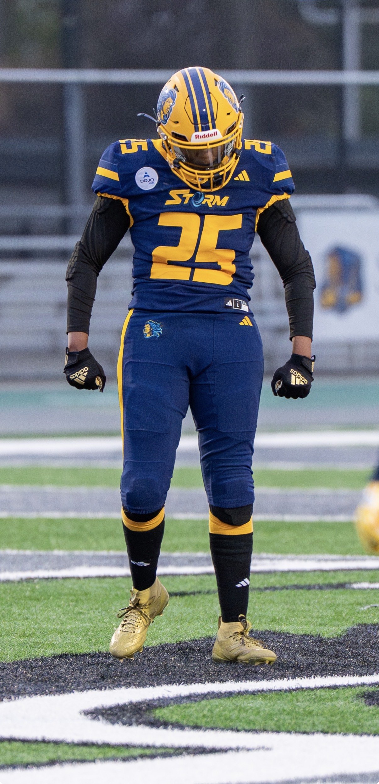 Bennett in full Golden State Storm kit, waiting on the field between plays